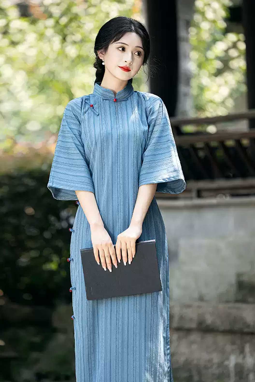 Cheongsam Qipao Blue Wide Sleeve Dress Republican Era Vintage Style - qingqiuyouxin 清秋有信 Stupa Stones