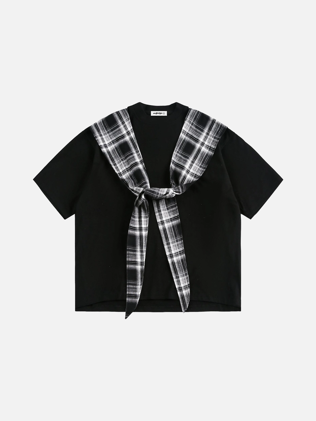 Black Faux Two-Piece Plaid Patchwork Short Sleeve Tee Front