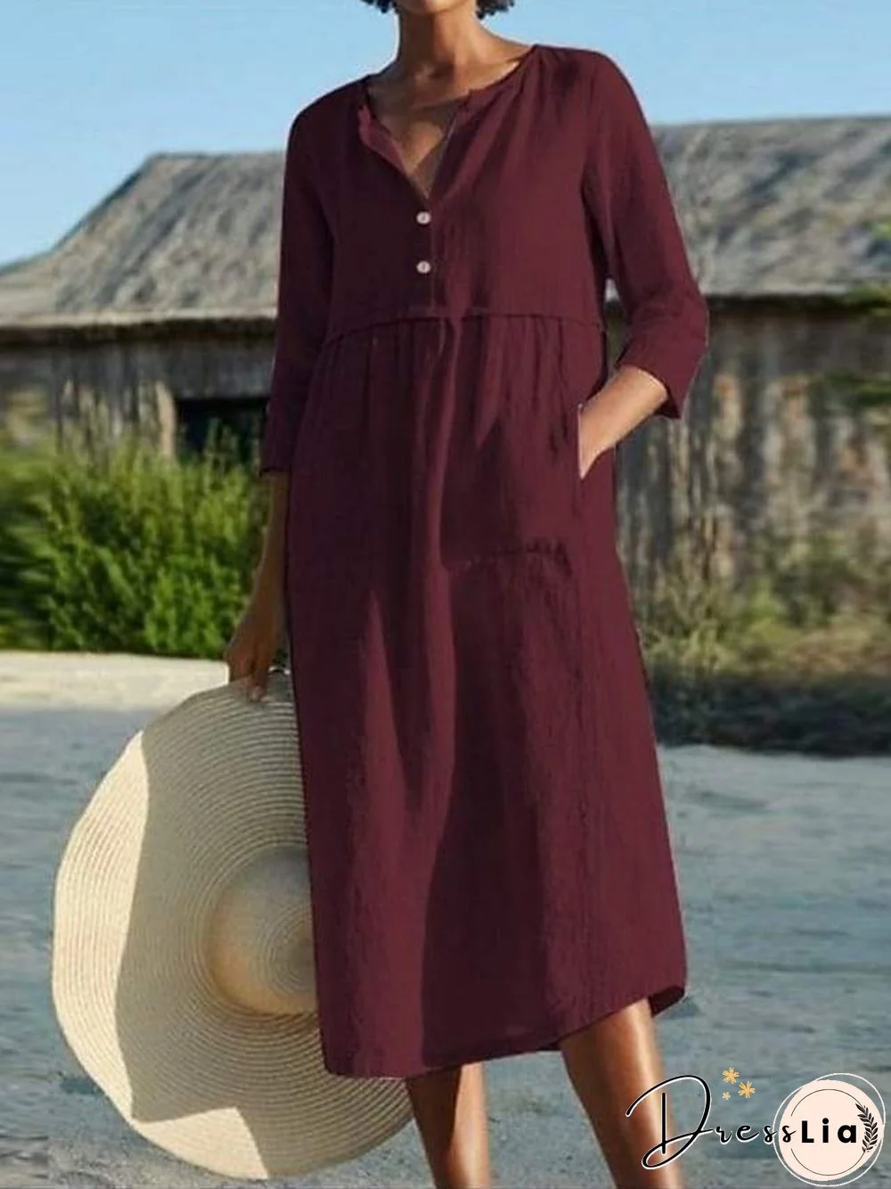 Women's A Line Dress Midi Dress Black Blushing Pink Wine Light Blue 3/4 Length Sleeve Solid Color Pocket Summer Shirt Collar Work Hot Casual Linen S M L XL XXL 3XL 4XL 5XL Linen
