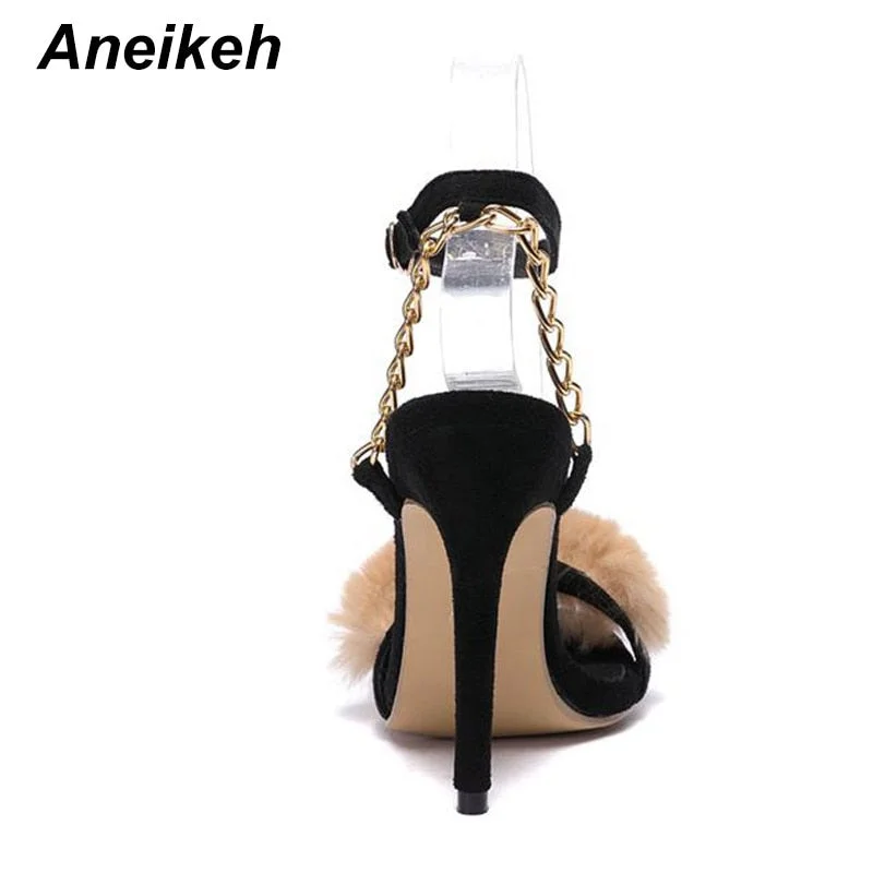 Aneikeh 2022 Sweet Fashion Sandals Women Shoes Villi Chain Thin High Heels Round Toed Wedding Dress Ankle Buckle Strap Black 42