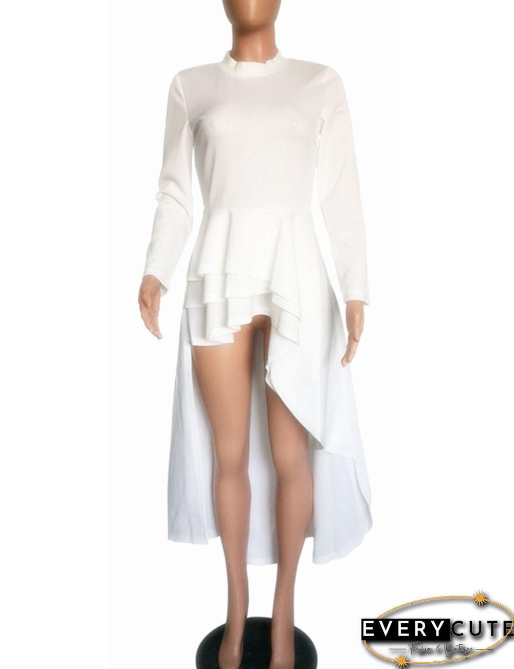 White Ruffle High Low Asymmetrical Long Sleeve T-Shirt Dress