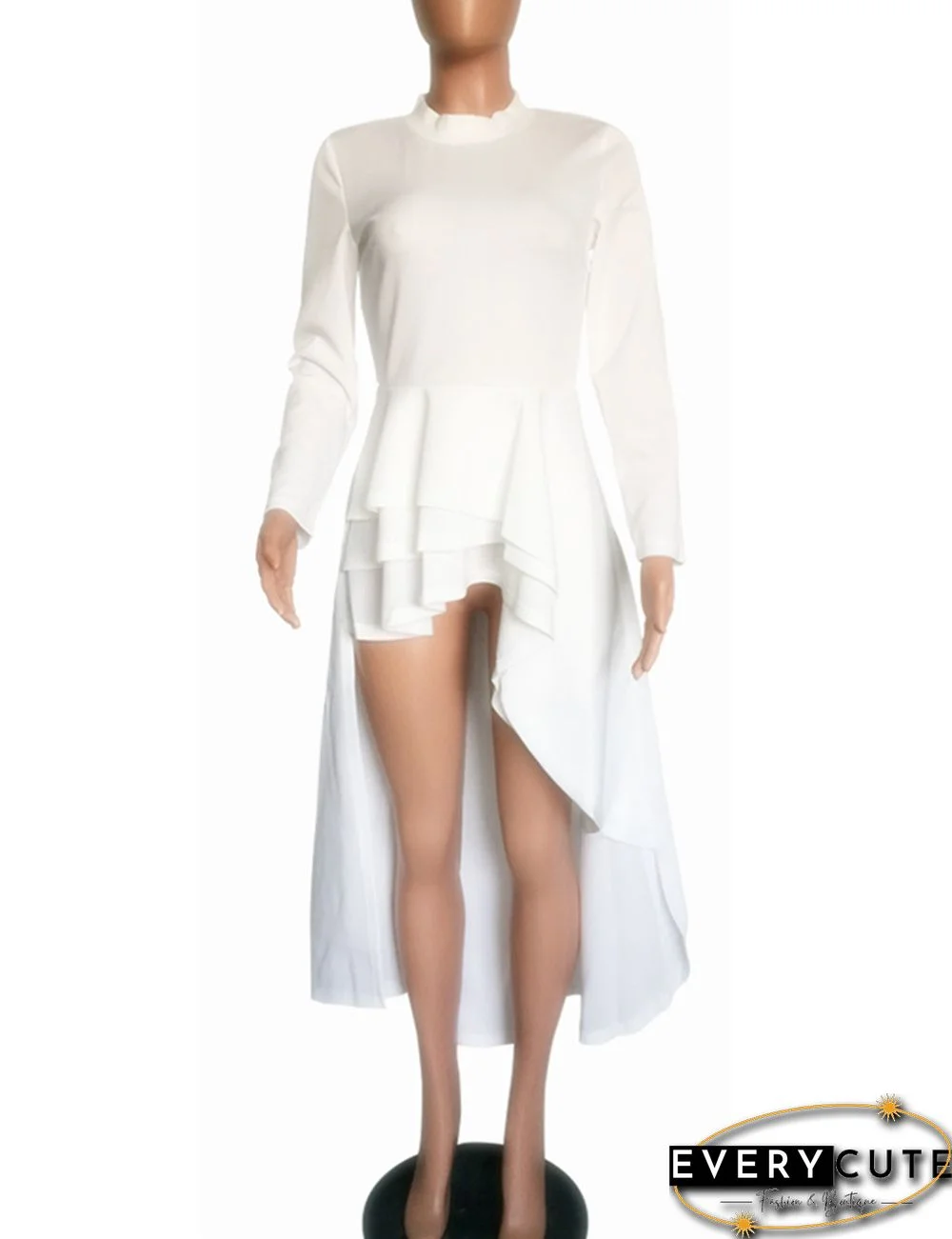 White Ruffle High Low Asymmetrical Long Sleeve T-Shirt Dress