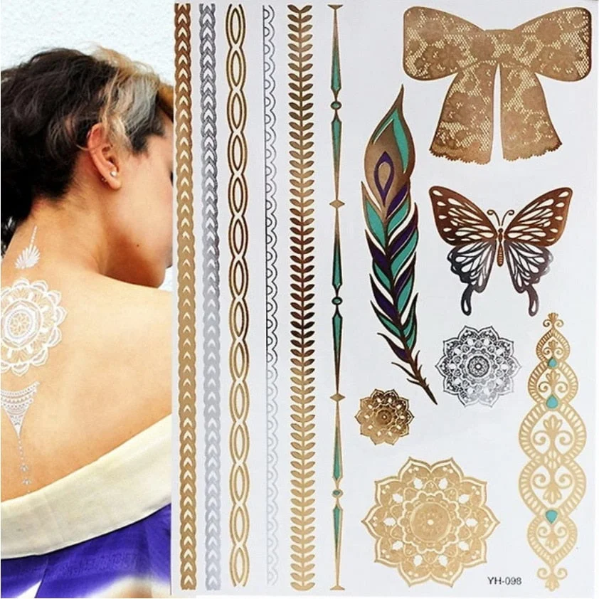 Flash Metallic Waterproof Temporary Tattoo Gold Silver Tatoo Women Henna Mandala Flower Lace Taty Indian Arabic Tattoo Sticker