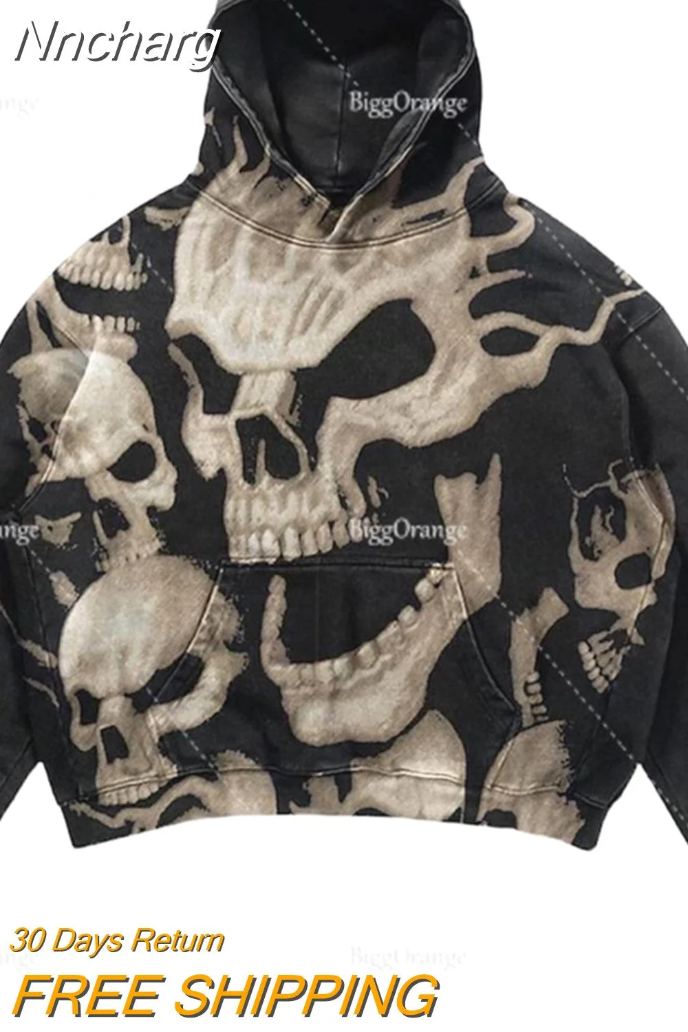 Nncharge Street Skull Print Pattern Oversized Hoodies Women Y2K Gothic Punk Sweatshirt Couples Top Quality Streetwear Women Clothes