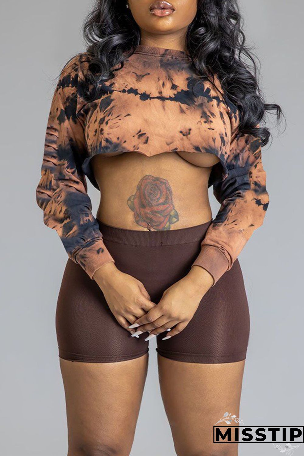 Dark Brown Sexy Casual Print Basic O Neck Long Sleeve Two Pieces