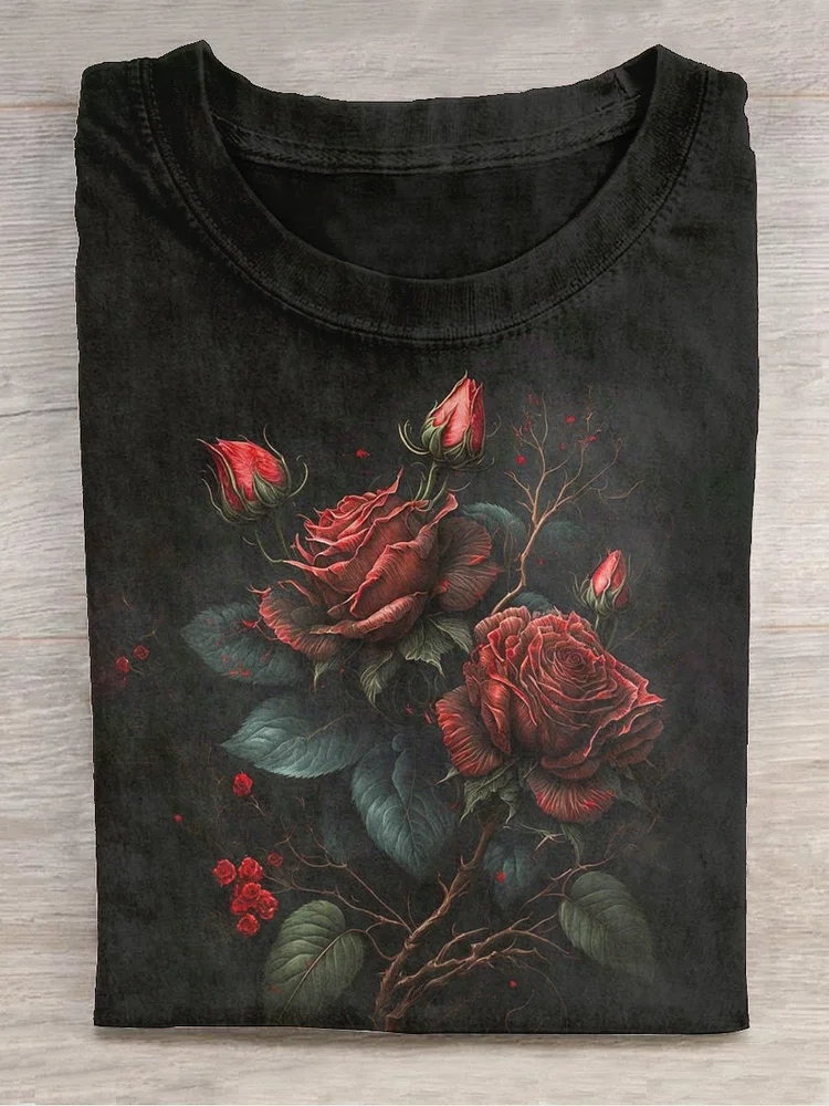 Unisex Rose Floral Art Print Round Neck Short Sleeve T-Shirt