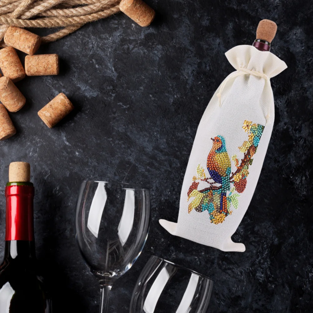 DIY Flower Diamond Painting Burlap Wine Gift Bags Label Liquor Bottle Covers