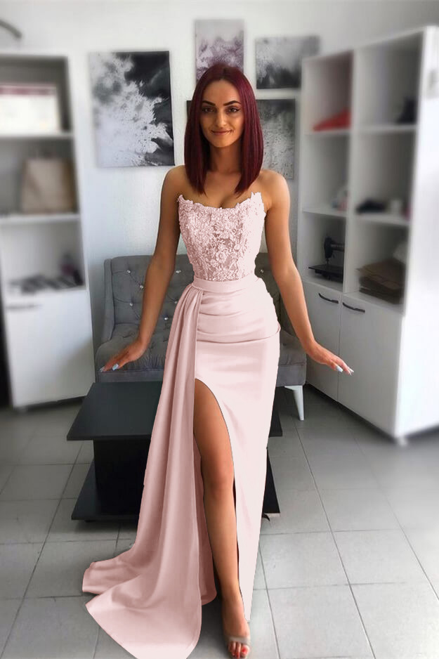 Hidais Amazing Strapless Sleeveless Mermaid Split Prom Dress With Appliques Ruffles