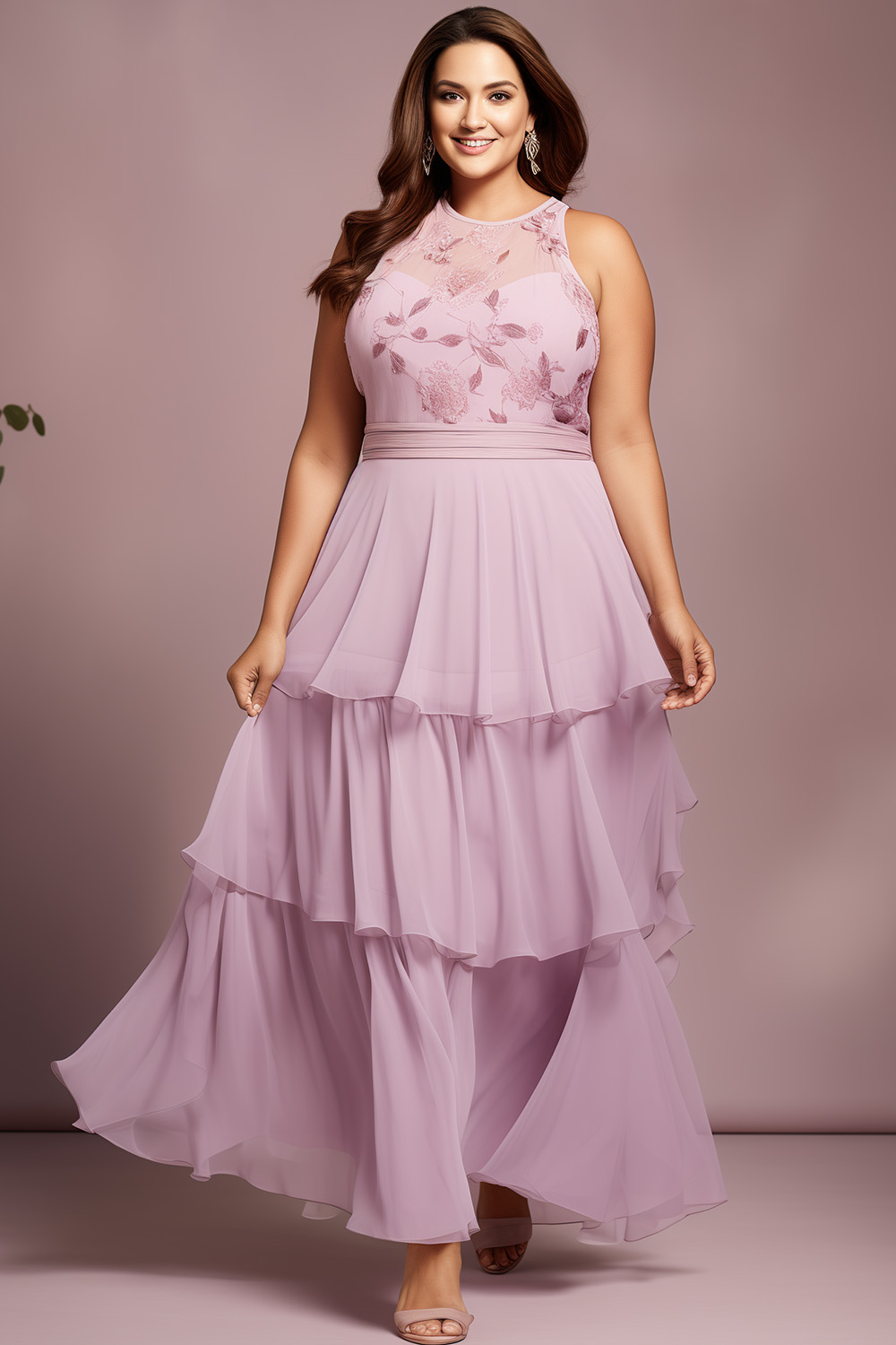 Flycurvy Plus Size Prom Pink Chiffon Embroidery Layered Maxi Dress 2024 - Flycurvy 