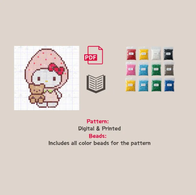 Strawberry Kitty Pixel Pattern Fuse Bead Kit  | Cute DIY Fuse 1159 Beads Set