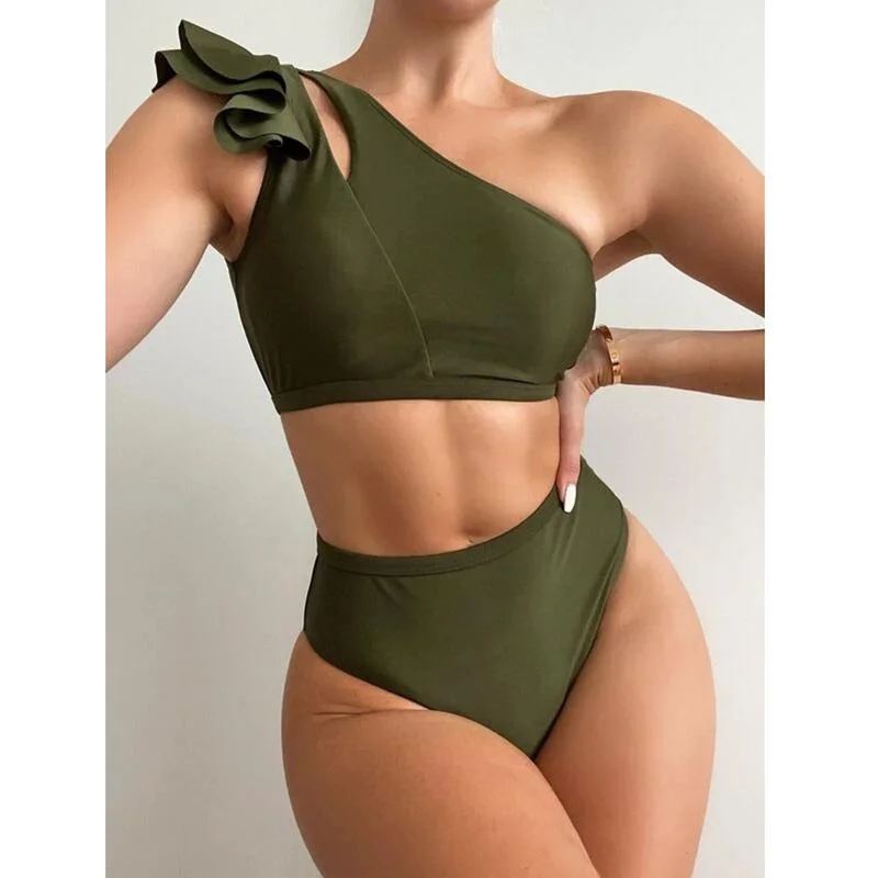 2021 New Push Up Bikinis Women's Swimsuits Cut Out Swimwear Sexy Green Biquini Micro Bathing Suits One Shoulder Bikini Set