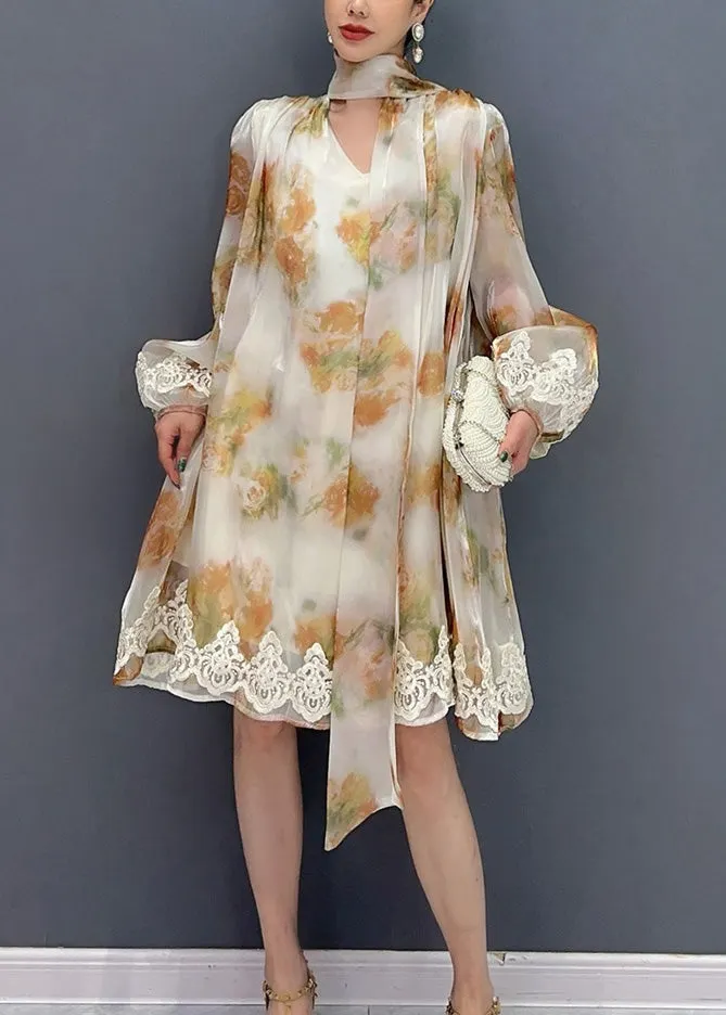 New Stylish Printed Lace Up Mid Dress Long Sleeve