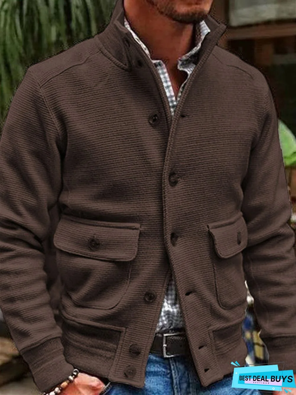 Men's Stand Collar Solid Color Casual Jacket