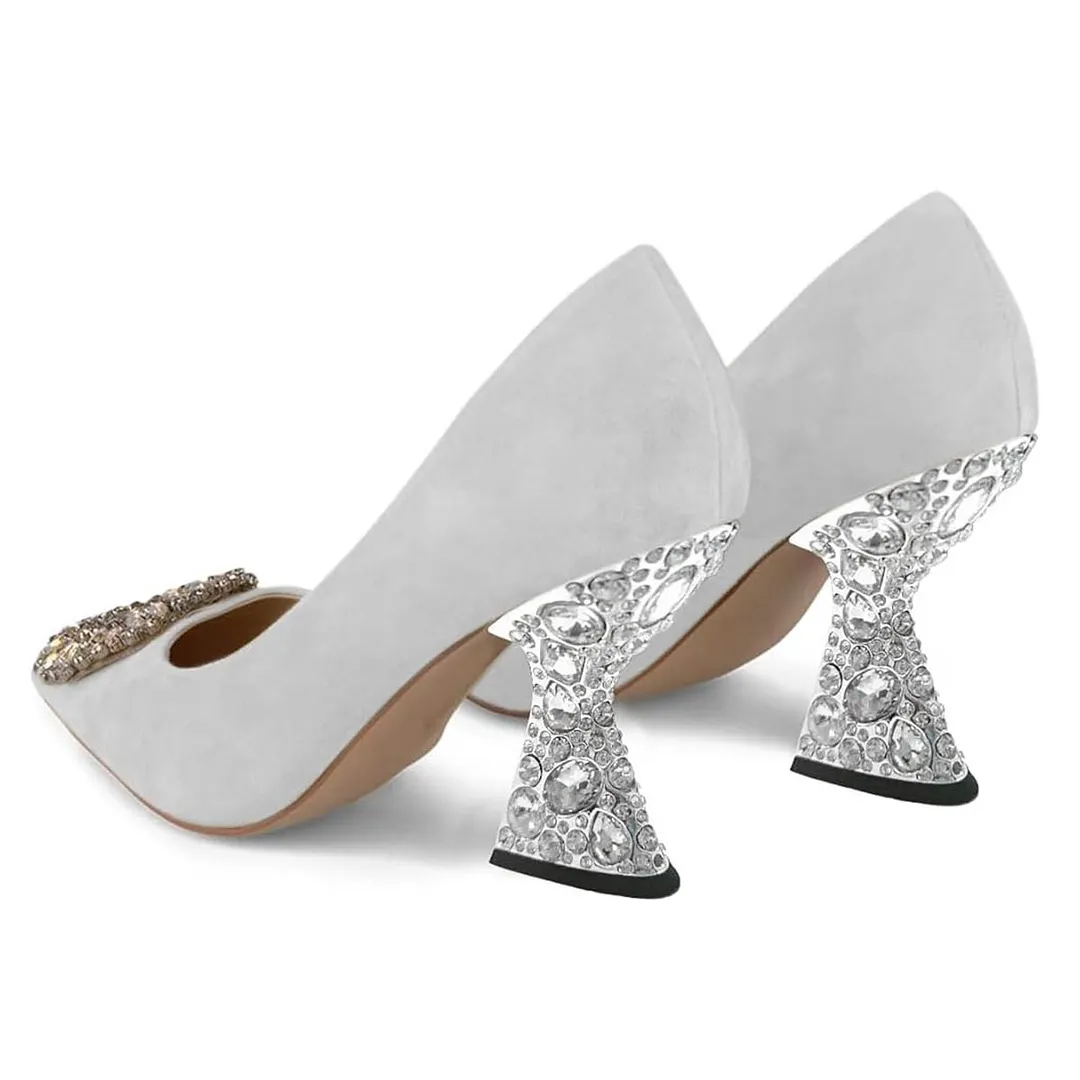 White Vegan Suede Rhinestone Decor Sculptural Heel Pumps Shoes