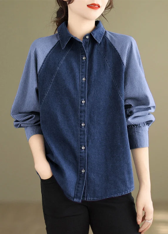 French Navy Striped Peter Pan Collar Patchwork Denim Shirts Long Sleeve