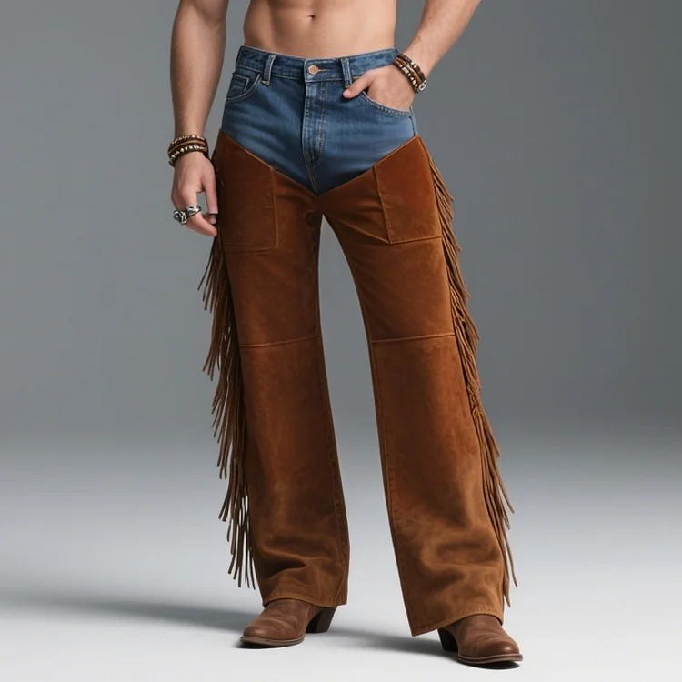 Okaywear Denim Patchwork Suede Fringe Straight Leg Pants 