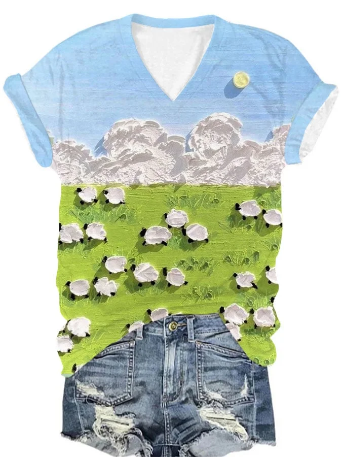 Women's Sheep Flock Print V-Neck Long Sleeve Top