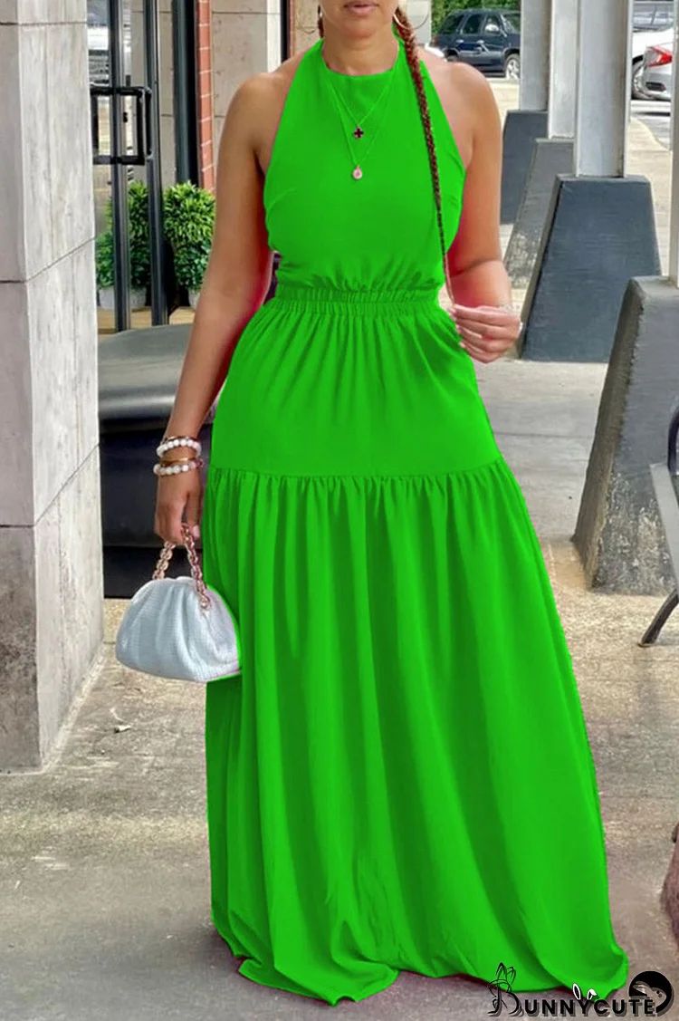 Green Sexy Solid Bandage Patchwork Backless Halter Straight Dresses
