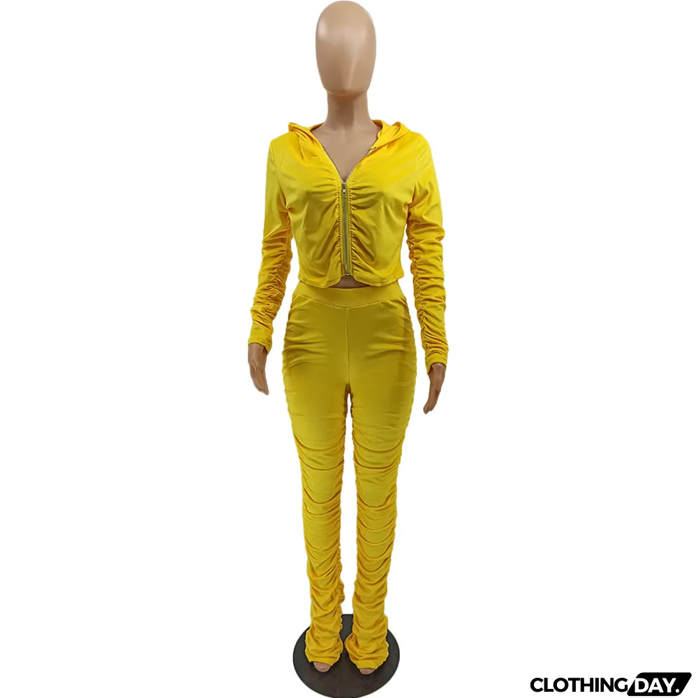 Velvet Pleated Zipper Hooded Jacket Skinny Pants Suit