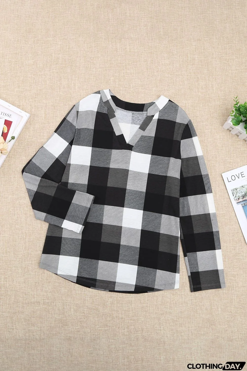 Contrast Plaid V Neck Long Sleeve Top