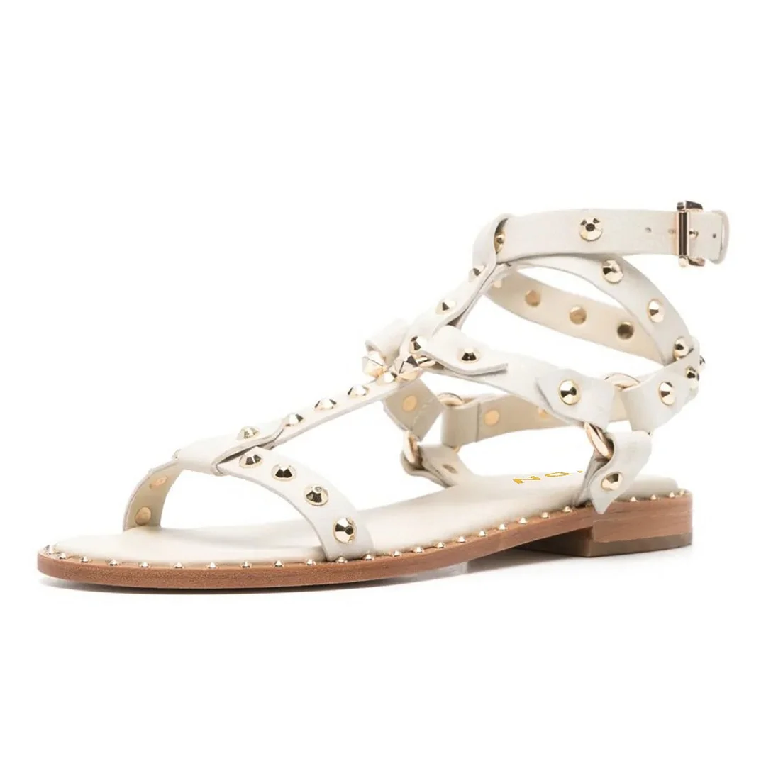 White Faux Leather Flat Studded Cross Strap Gladiator Sandals