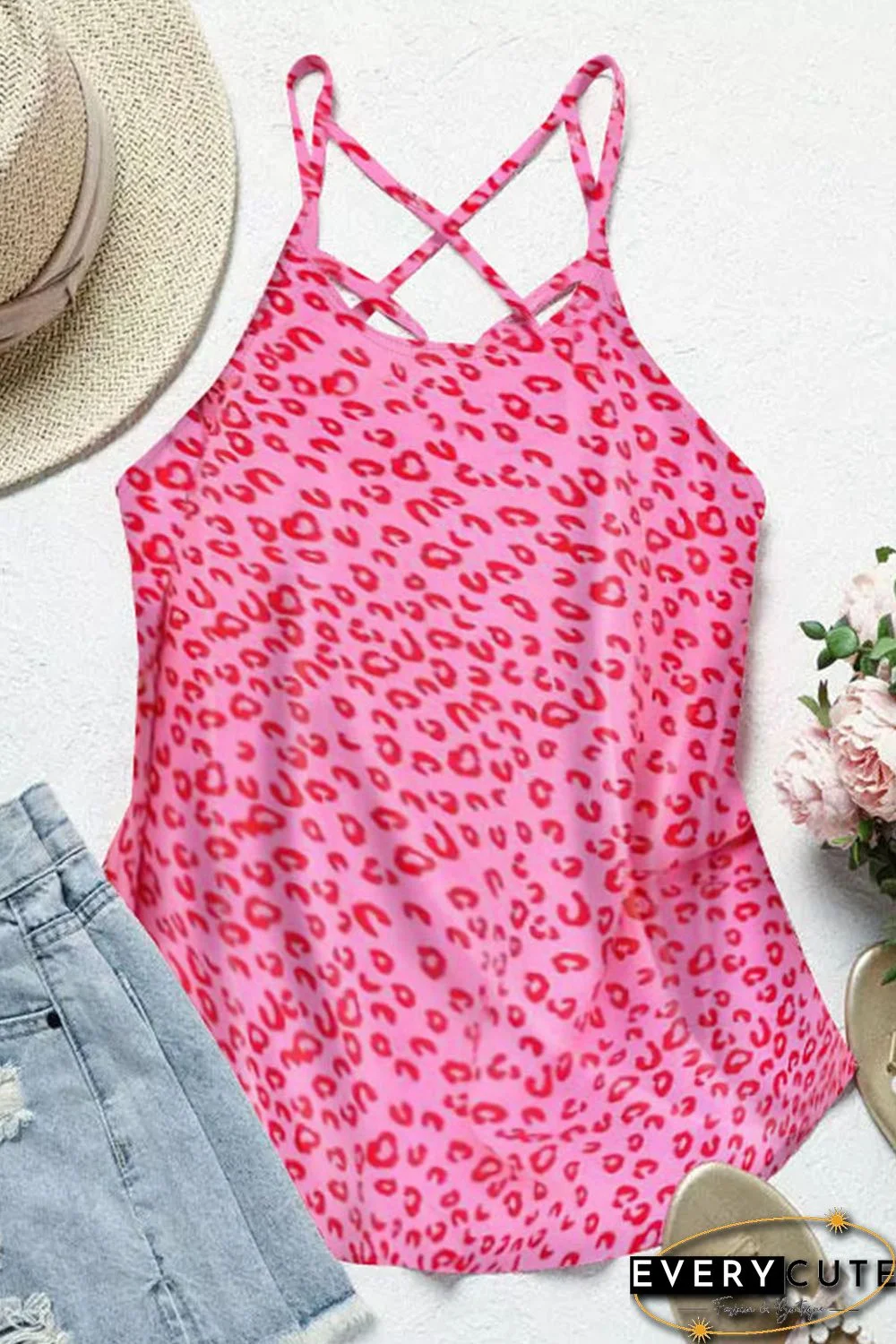 Leopard Strappy Back Detail Loose Tank Top