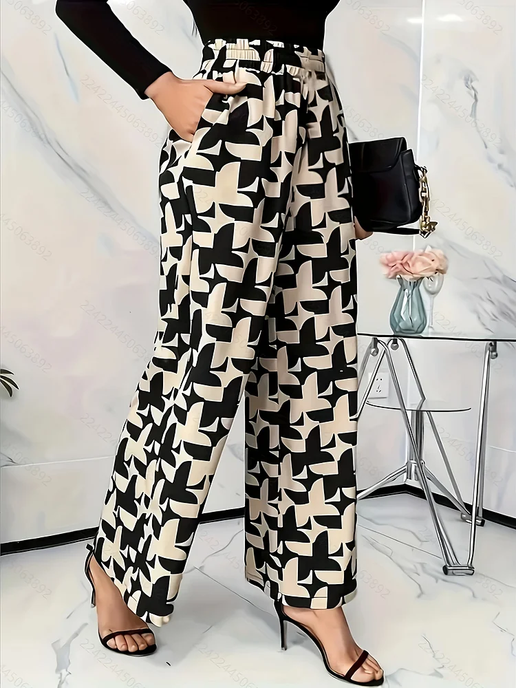 Women's Elegant Geometric Print Wide-Leg Pants With Pockets, Casual Loose Tie-Up Trousers For Spring/Summer/Fall - Black And White Pattern, High Waist Design, Comfortable Fashion, High Waisted Pant