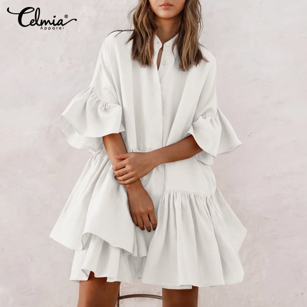 Celmia Women's Fashion Ruffle Tunic Dress Cotton Linen Short Sleeve O Neck Party Holiday Casual Mini Dress Kaftan - Shop Trendy Women's Clothing | LoverChic