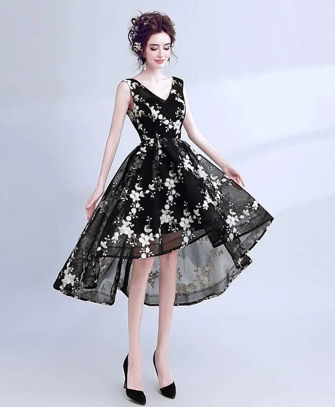 Black V Neck Lace Short Prom Dress, High Low Evening Dress SP15824