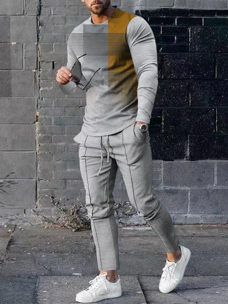 Men's fashion casual gray print long sleeve two-piece set