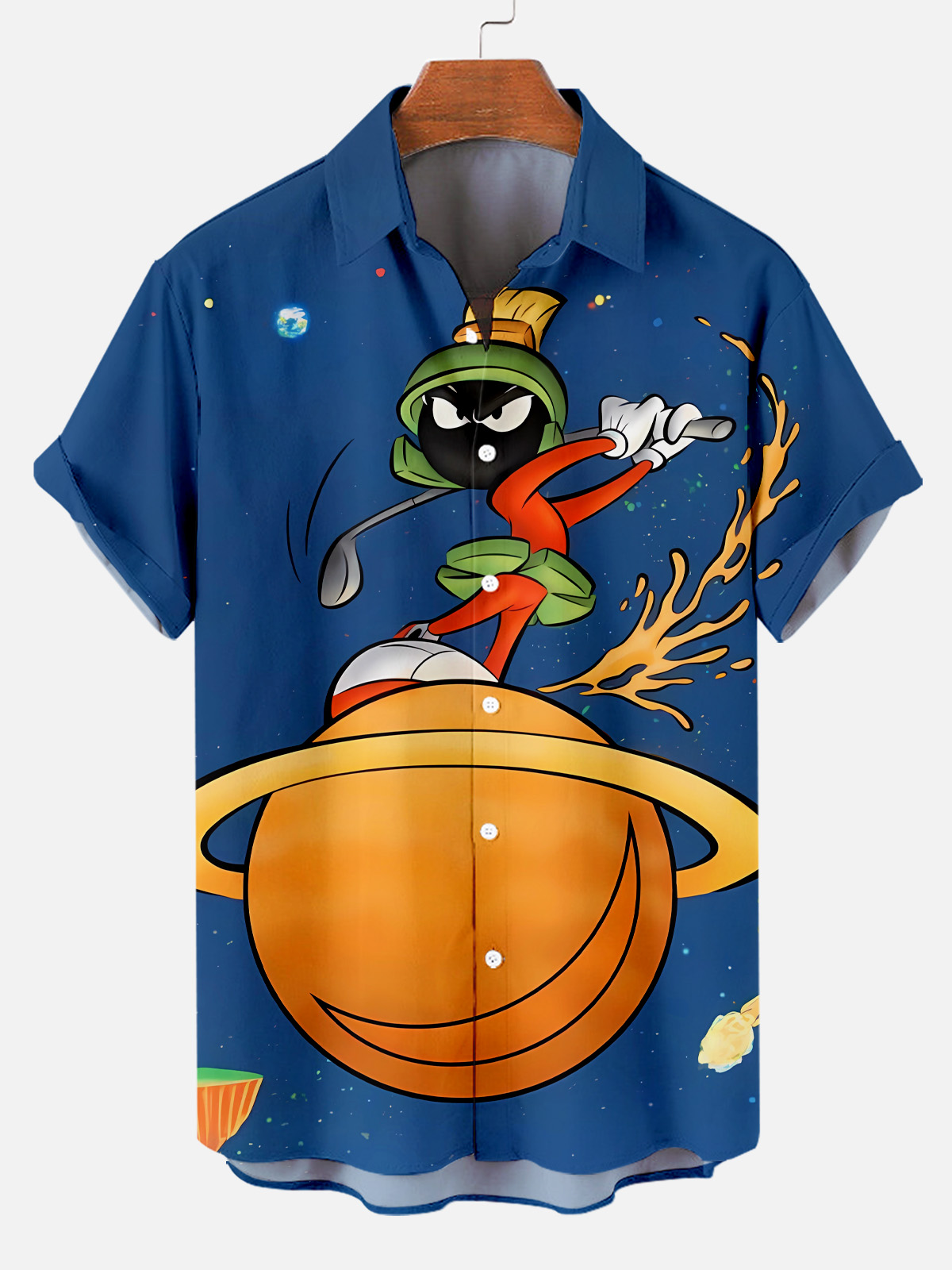 Men's Classic Cartoon Planet Golf Fun Print Short Sleeve Shirt PLUSCLOTHESMAN