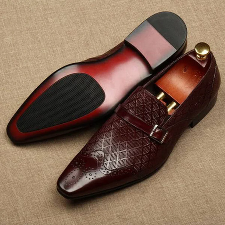 Men's Belt Buckle Decor Slip On Leather Pointed Toe Brogue Loafers Shoes