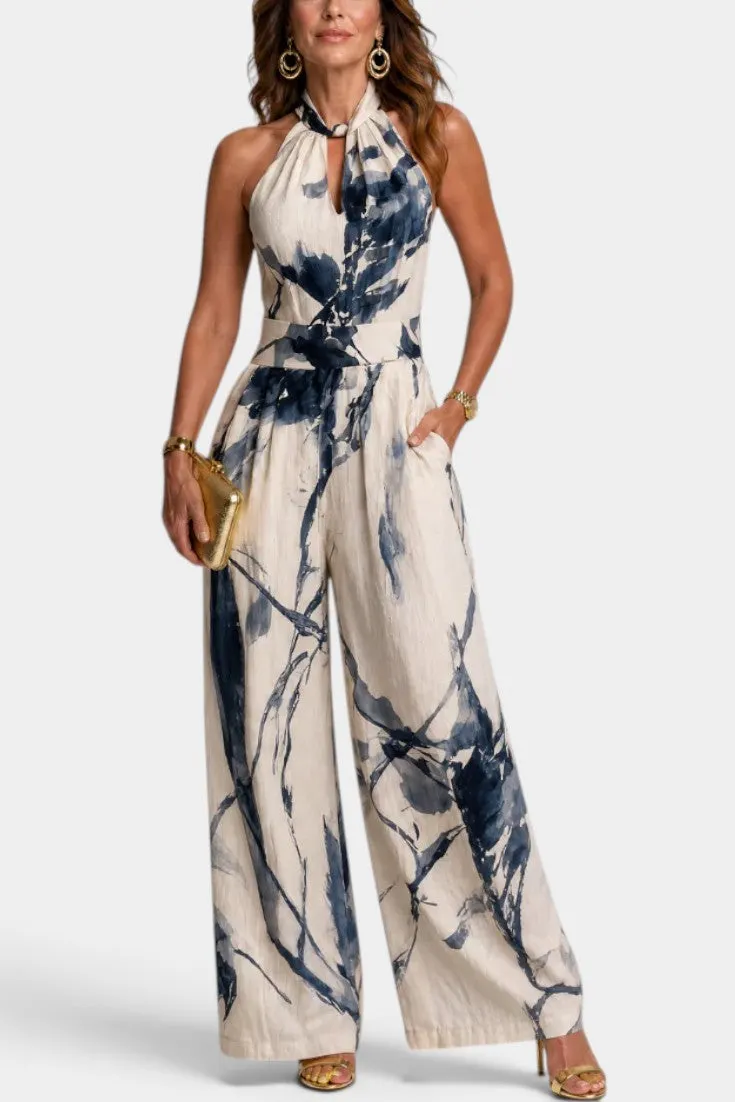 Ink-Print Halter Jumpsuit with Wide Legs