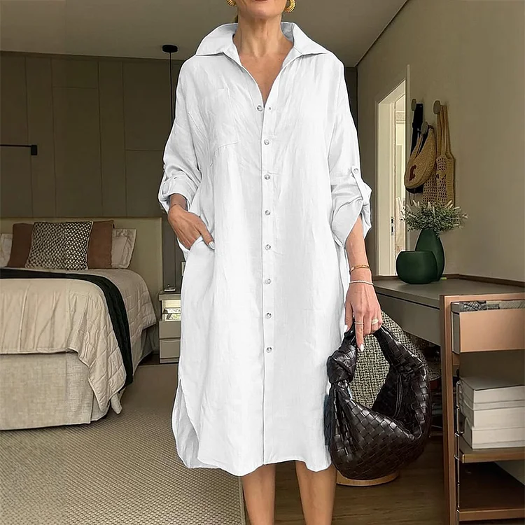 VChics Casual Long Sleeve Linen Shirt Dress