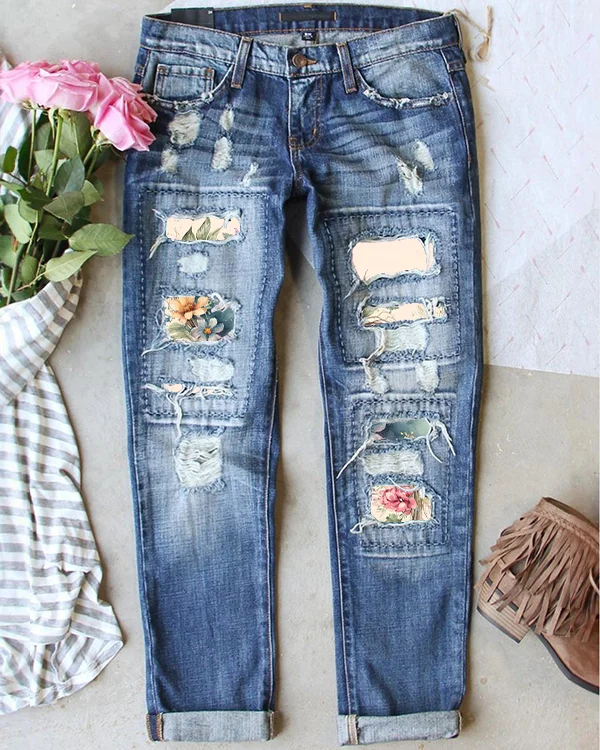 Vintage Valentine's Day Floral Print Ripped Jeans