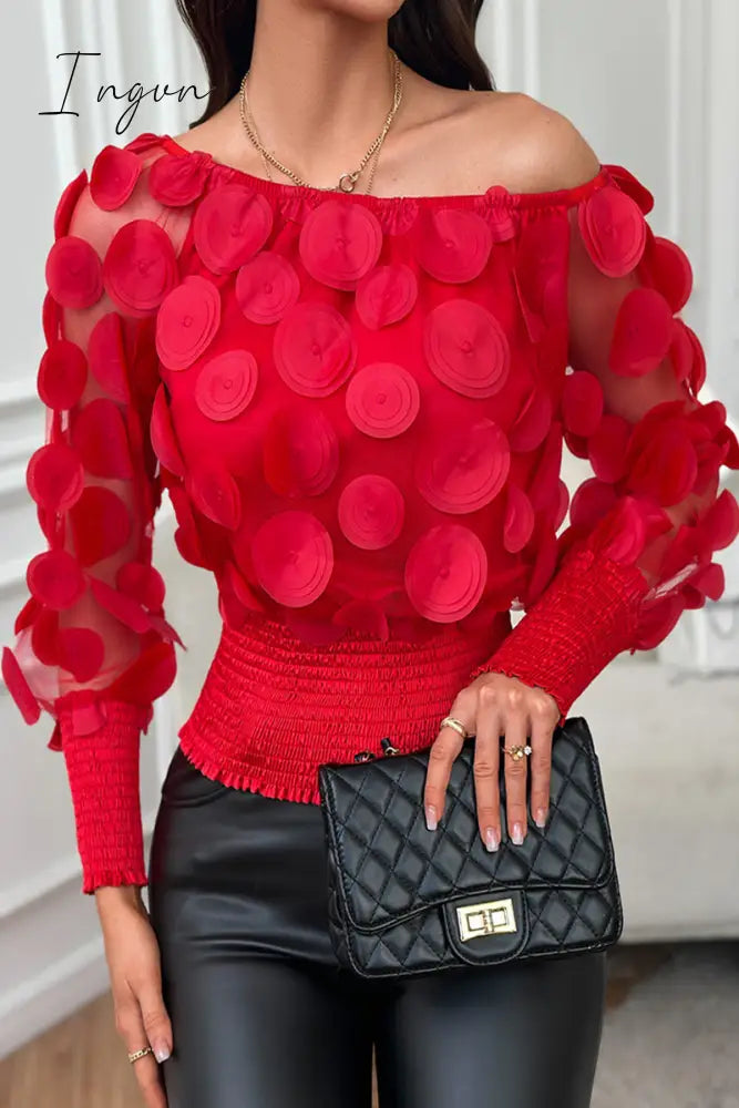 Ingvn - Celebrities Elegant Solid Appliques Mesh Off The Shoulder Tops Red / S Tops/Blouses & Shirts