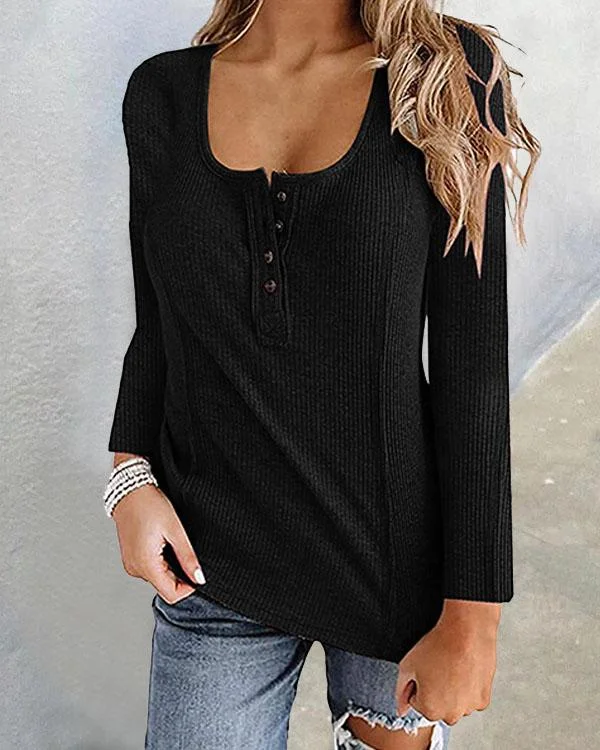 Plain Color Button U Neck Basic Fall T-shirt Tops