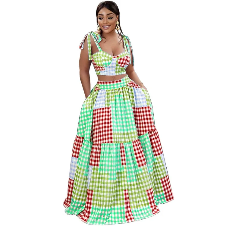 CM.YAYA Women Colorful Plaid Maxi Long Big Swing Skirts Suit and Crop Tops Matching Elegant Two 2 Piece Set Outfits 2022 Summer