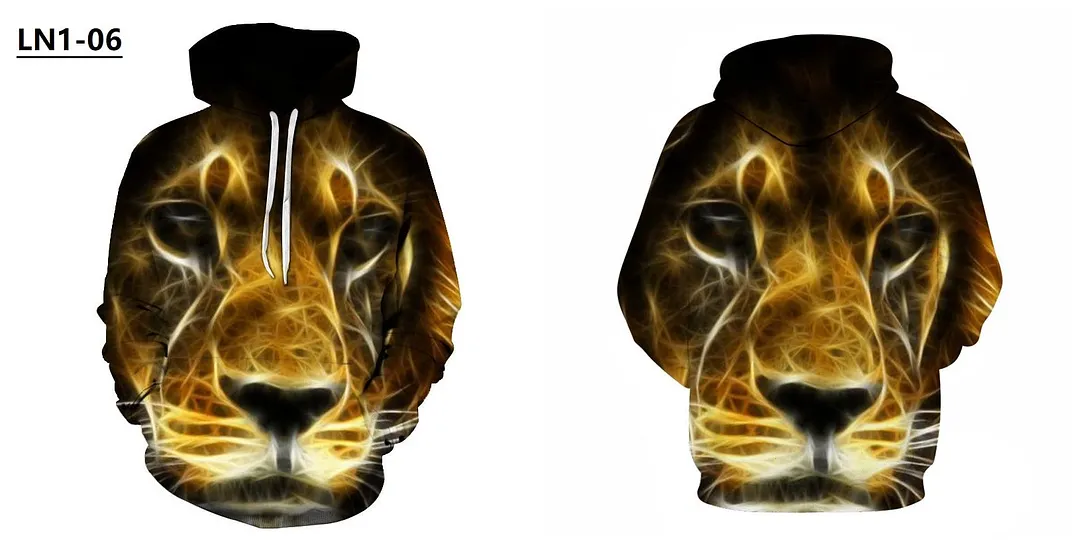 Mens Hoodies with Cap 3D Digital Lion Print Long Full Sleeves Casual Hip Hop Counple Women Clothes Front Pocket Spring Autumn