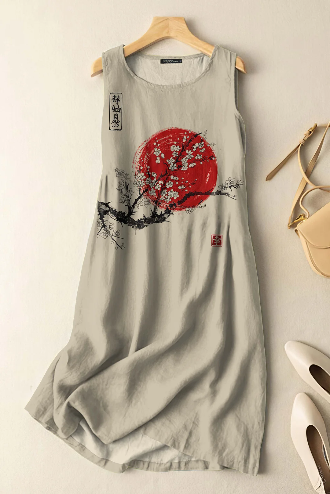 Vintage Japanese Ink Flower Sunrise Art Print Sleeveless Cotton And Linen Midi Dress