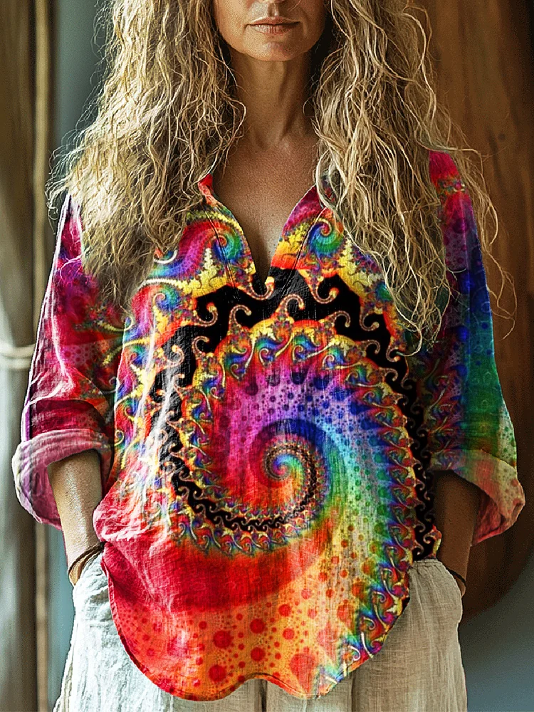 Women's Hippie Art Print Casual Linen V-neck Shirt
