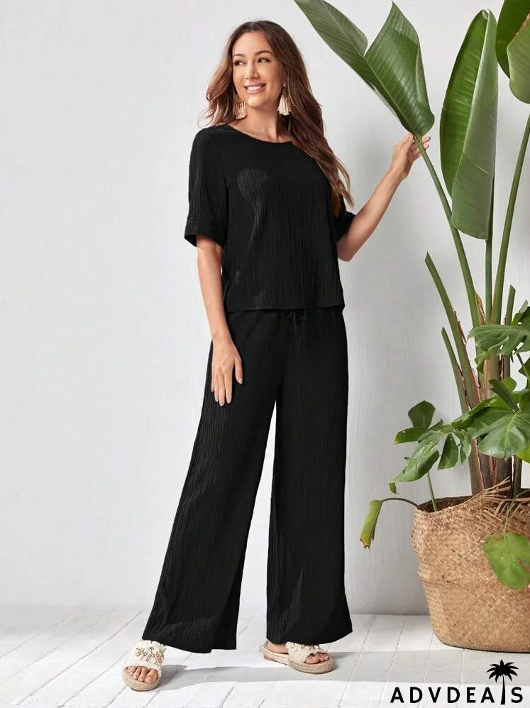 Solid Textured Top & Wide Leg Pants