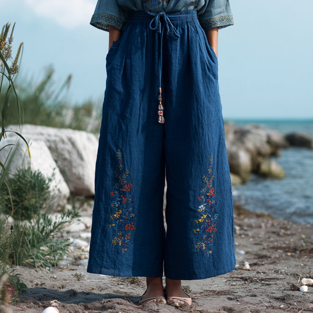 Bohemian Holiday Style Loose Casual Exquisite Embroidered Beach Pants Wide-leg Pants