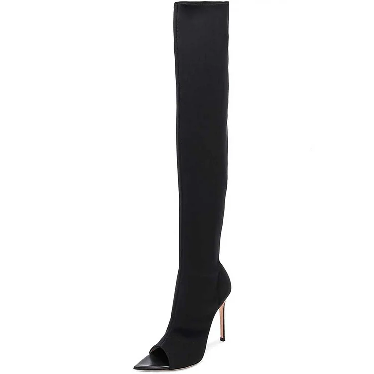 Black Stiletto Heel Peep Toe Long Boots |FSJ Shoes