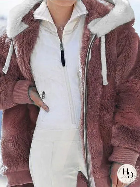 Coats Loose Zipper Hooded Plush Coat for Women