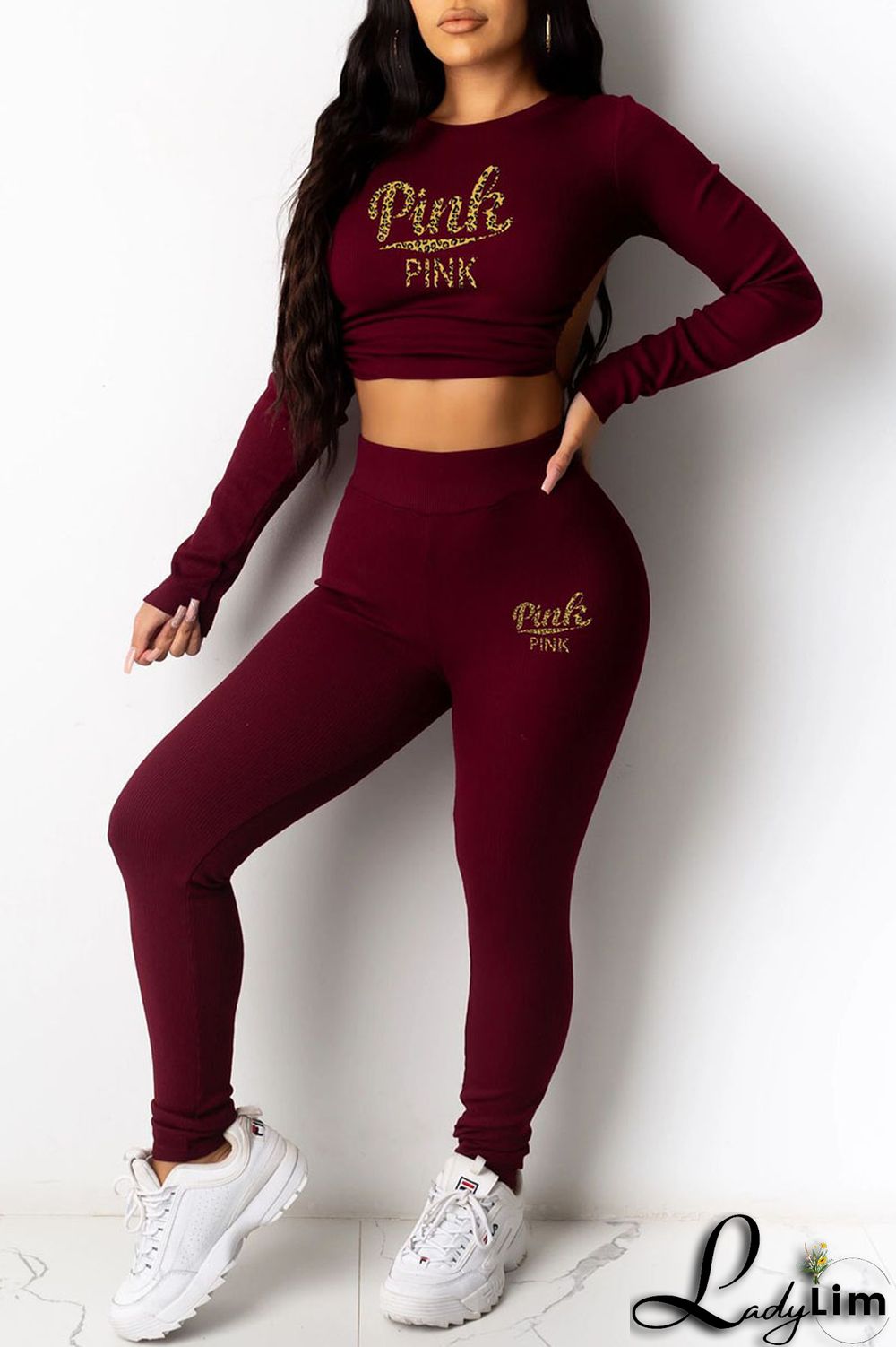 Black Sexy Print Patchwork Frenulum Backless O Neck Three Quarter Two Pieces