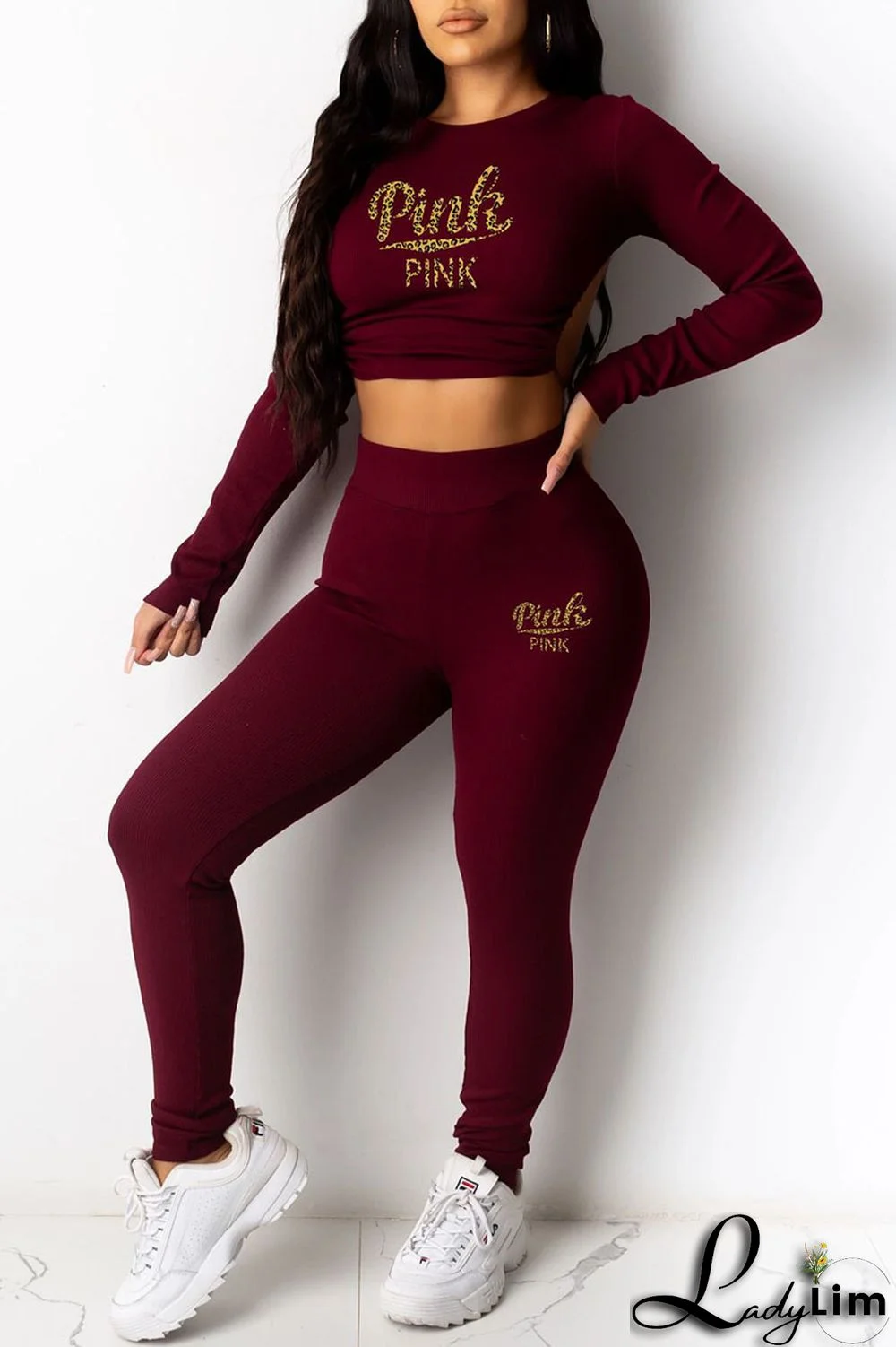 Black Sexy Print Patchwork Frenulum Backless O Neck Three Quarter Two Pieces