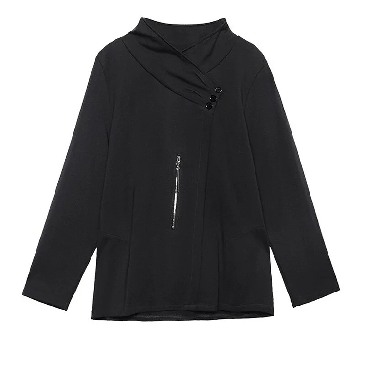 Fashion Black Stand Collar Irregular Patchwork Zipper Decor Long Sleeve T-shirt    