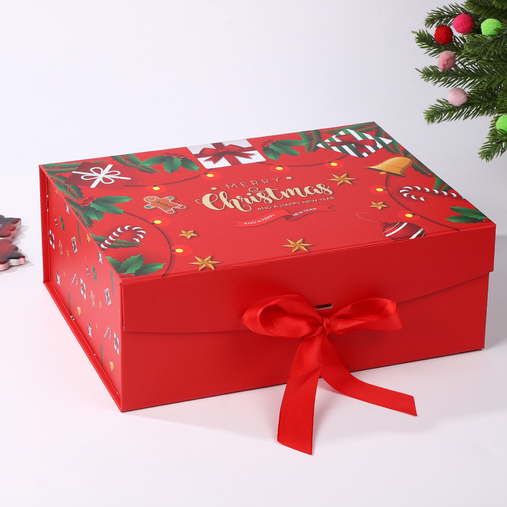 Christmas Gift Box with Ribbon & Raffia Paper Shreds, Multiple Designs Rigid Present Box with Lid for Holiday & Xmas Gift Packaging By Rose Toy