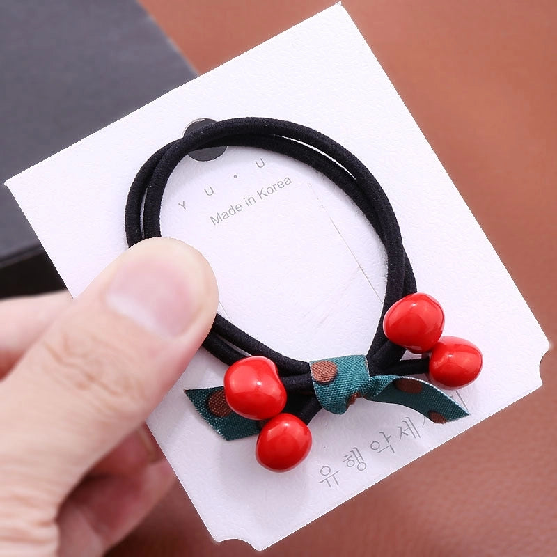 Korean Cherry Head Strap Rubber Band Cute Hair Ring Double Strand Red Apple Bow Hair Strap Mori Women’s Pony Tail Headwear